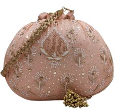 Beautiful Pink Chikankari Silk Round Potli Bag